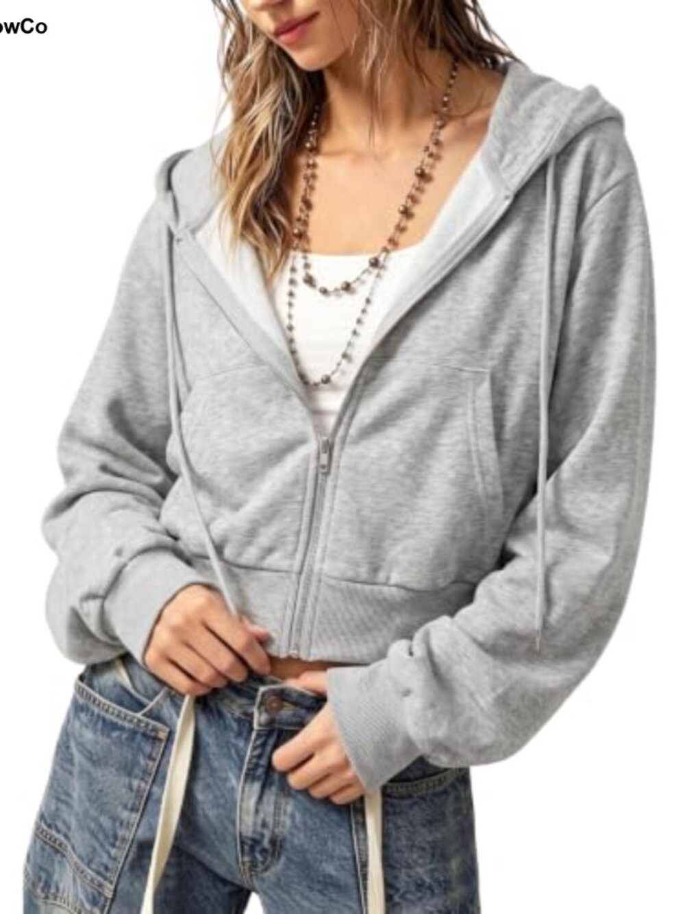 Cropped Zip Up Hoodie Drawstring Workout Sweatshirt Long Sleeve Slim Fit